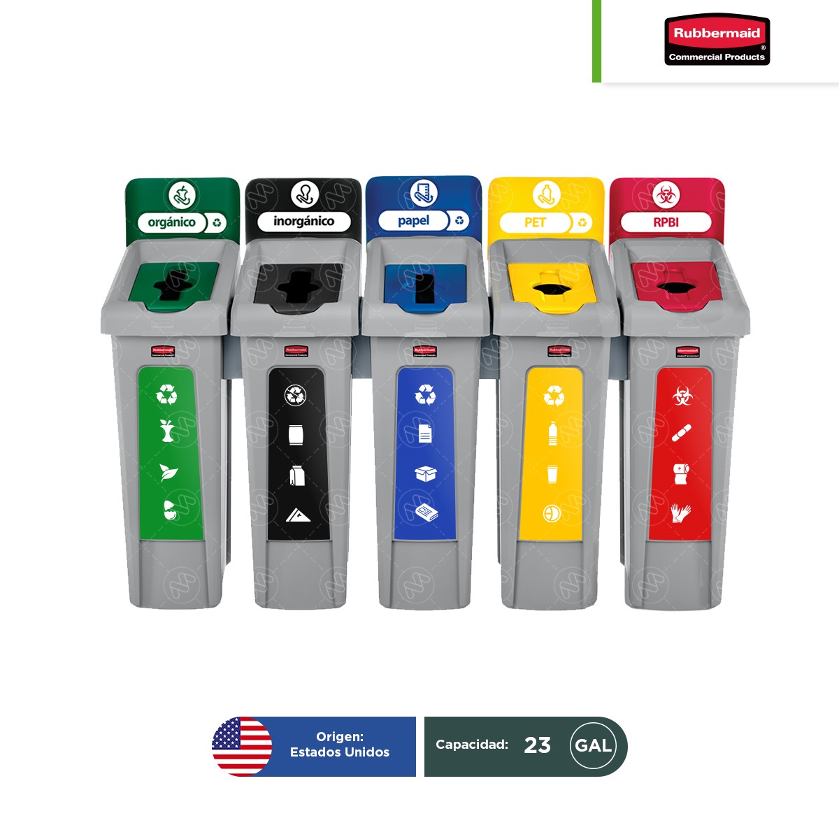 estacion de reciclaje 5 divisiones rubbermaid slim jim 23 gal 001